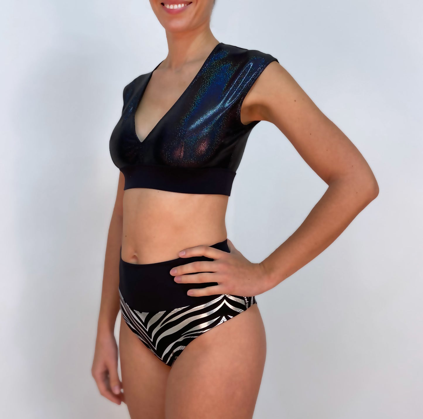 Black Metallic Glitter Pole Sport Bra Mariele L