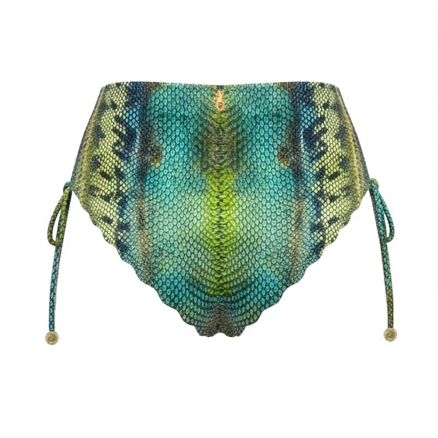 High-waisted bikini bottom with snake skin pattern on a white background