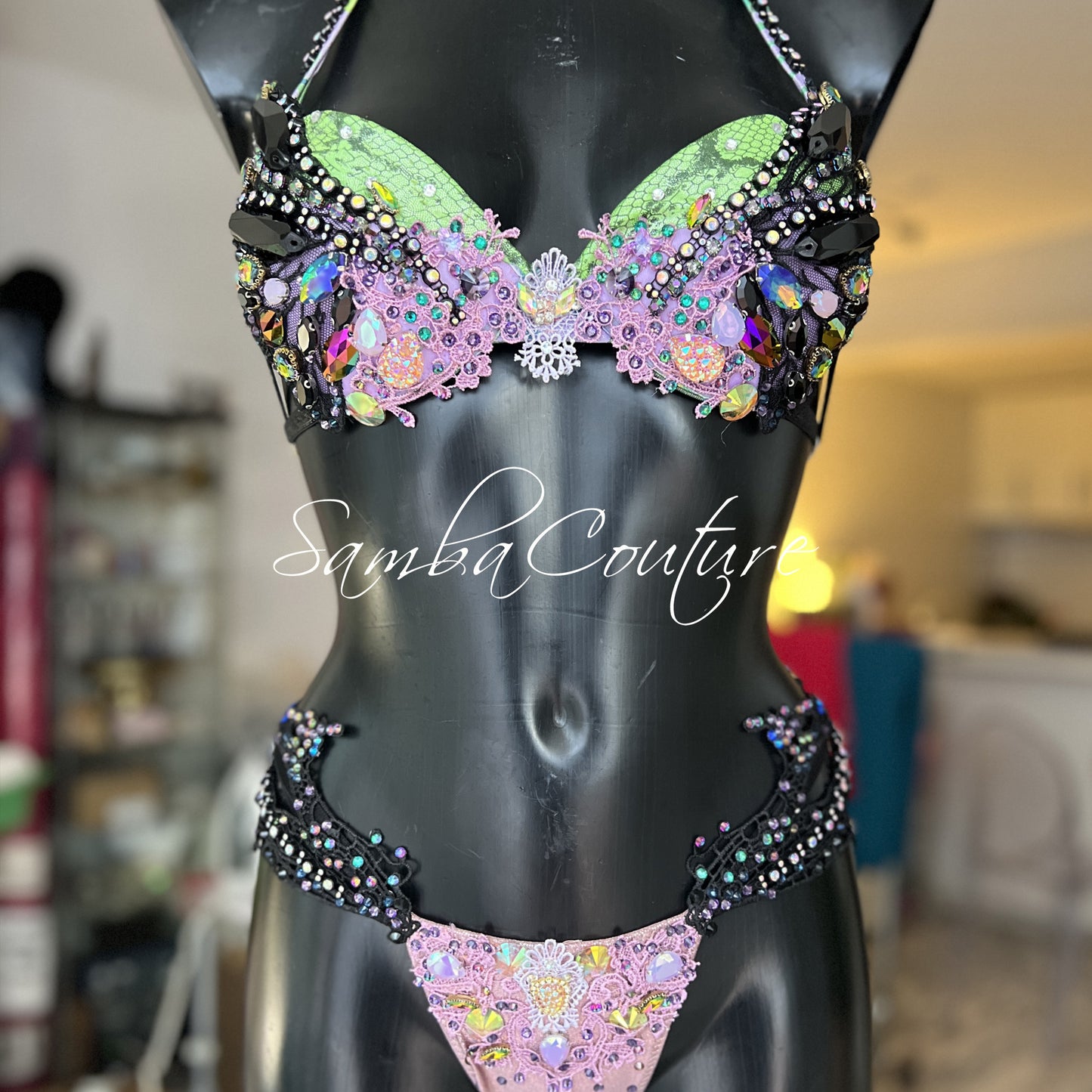 Green Lilac Black Snake And Butterfly Crystal Bikini