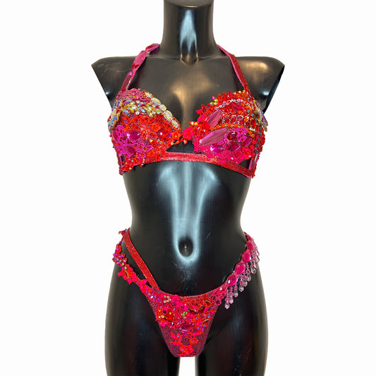 Samba Couture Pink Burgundy Red Crystal Bikini Competition Posing Suit FMG WBFF