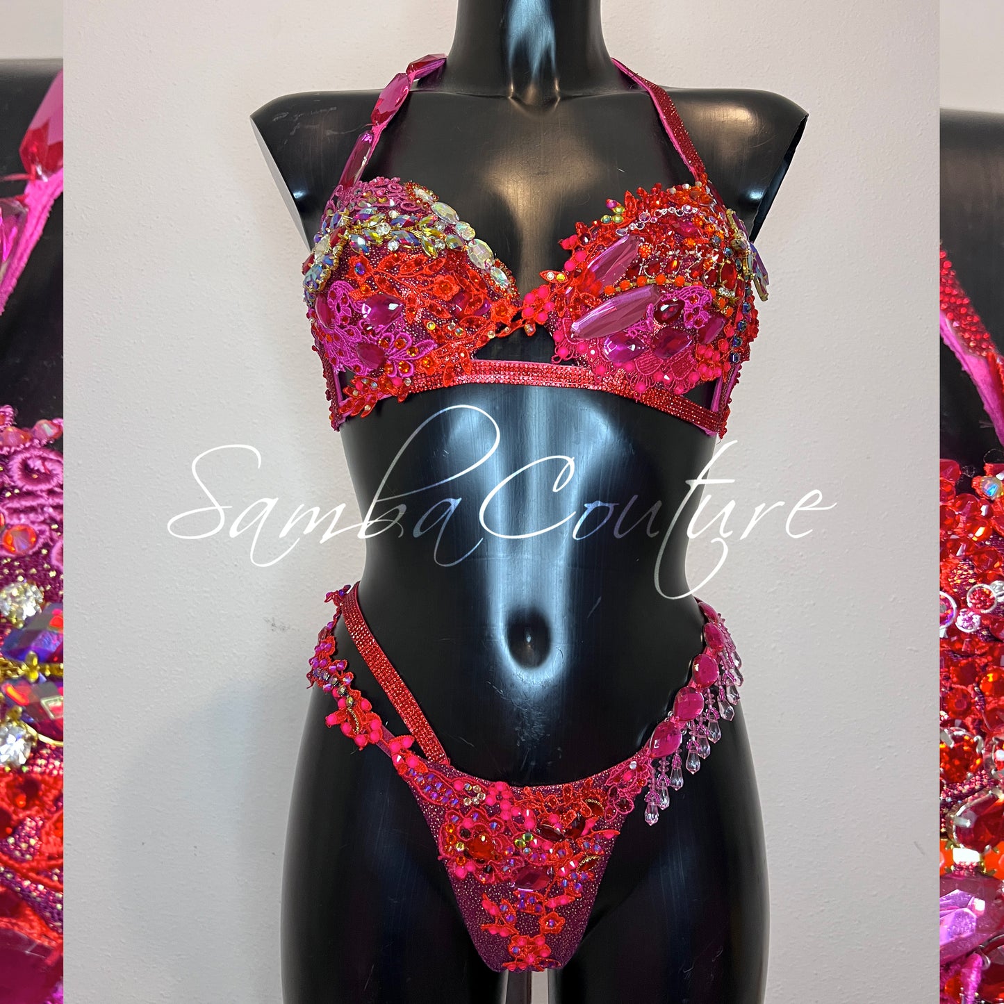 Samba Couture Pink Burgundy Red Crystal Bikini Competition Posing Suit FMG WBFF