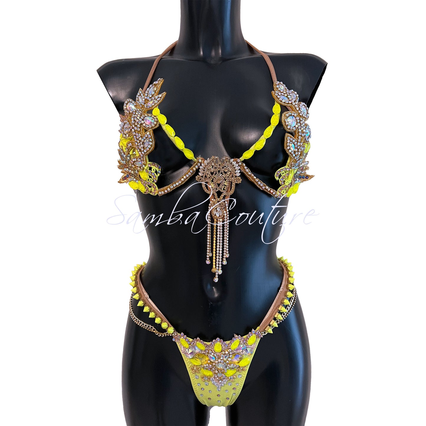 Samba Couture Neon Yellow & Gold Crystal Competition Bikini