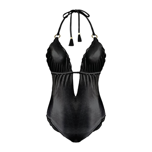 Black metallic plunge triangle one-piece swimsuit handmade in Ibiza with sculpting fit and deep V neckline.