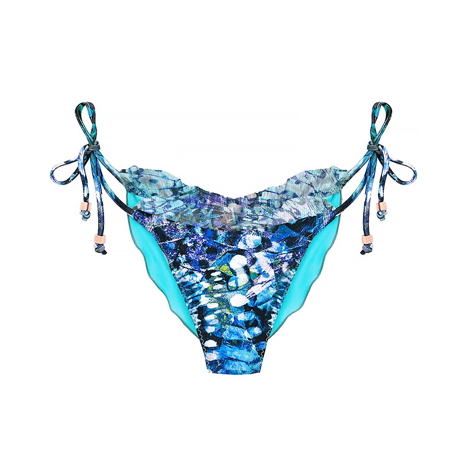 Boho Ibiza bikini bottom blue butterfly print with ruffle edges sustainable swimwear - DEESSA