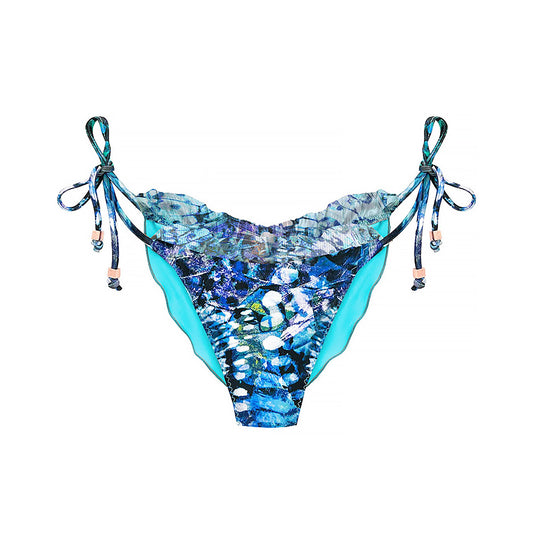 Boho Ibiza bikini bottom blue butterfly print with ruffle edges sustainable swimwear - DEESSA