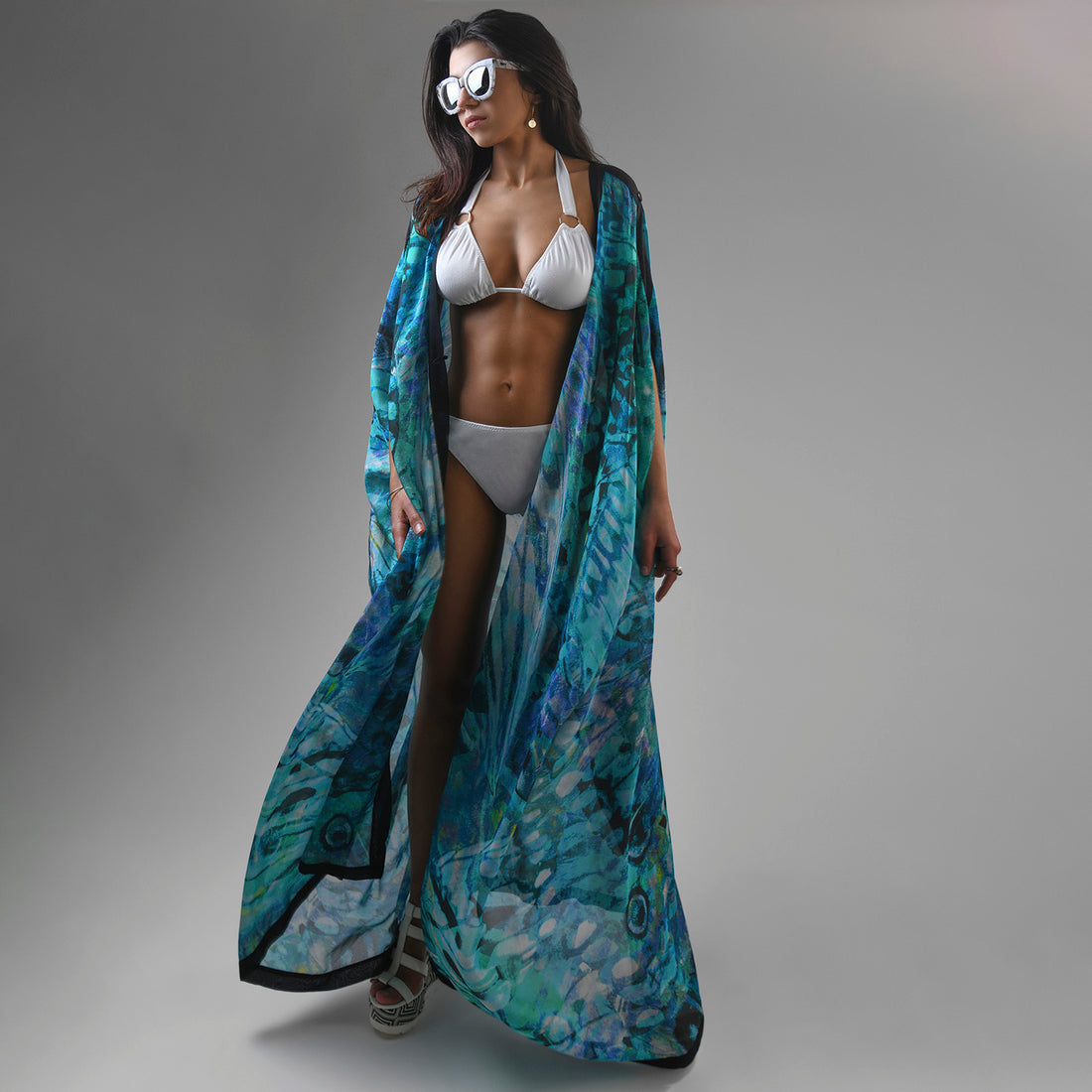 Blue Silk Kimono Butterfly Print Dress Alicia