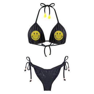 Smiley Face Crystal Metallic Ibiza Bikini Tamara Pia Black