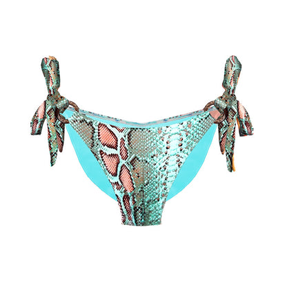 Bikini bottom with snake print and turquoise trim on a white background