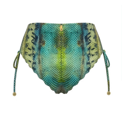 High-waisted bikini bottom with snake skin pattern on a white background