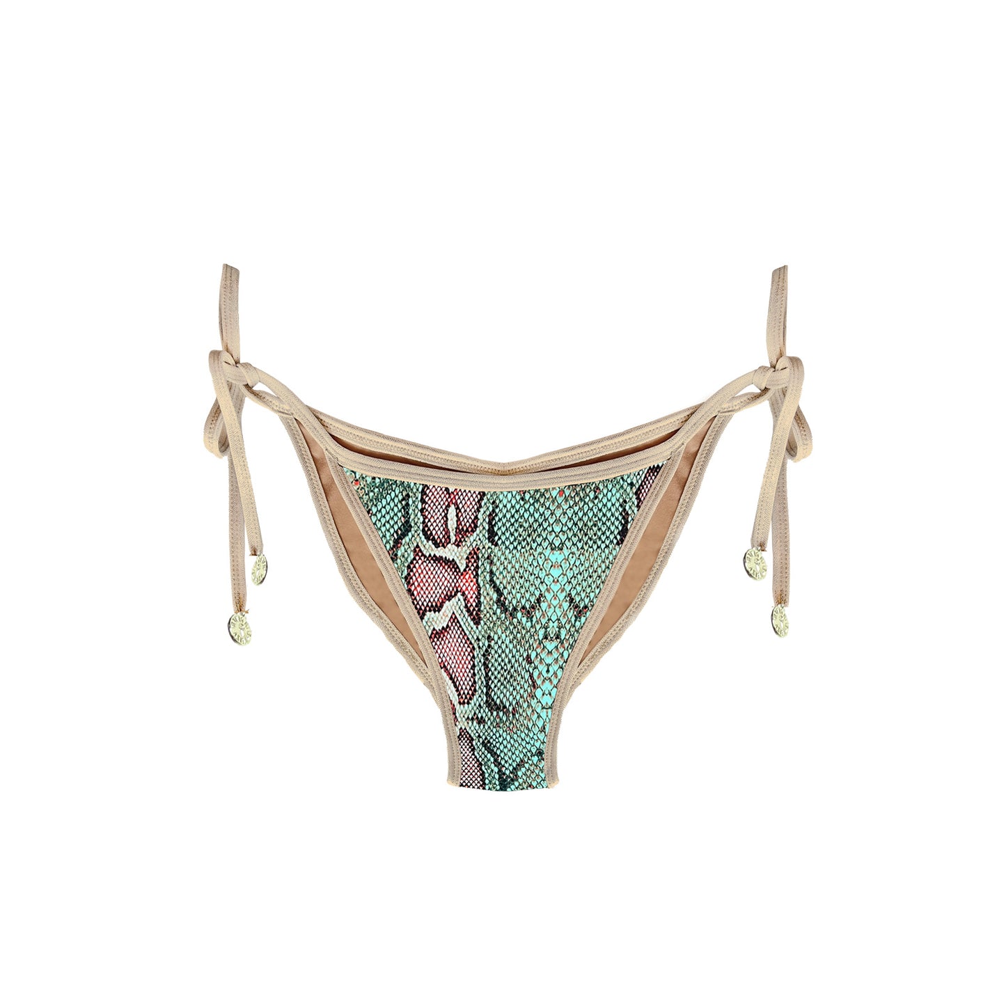 DEESSA turquoise snake print Brazilian bikini bottom with gold trim handmade in Ibiza