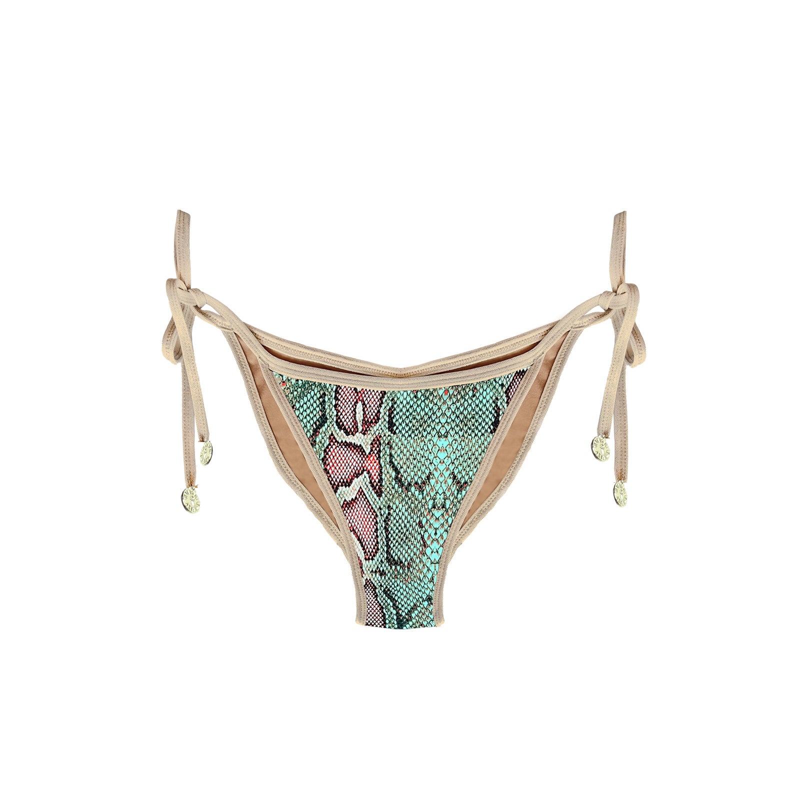 DEESSA turquoise snake print Brazilian bikini bottom with gold trim handmade in Ibiza