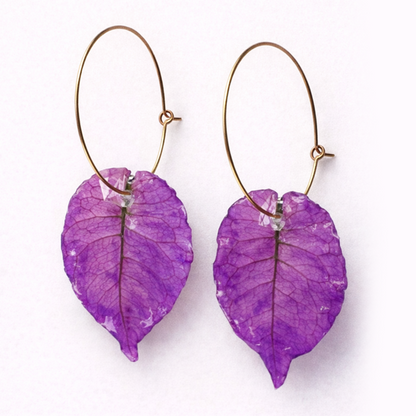 Pink bougainvillea hoop earrings size large featuring real flower petals on round gold hoops