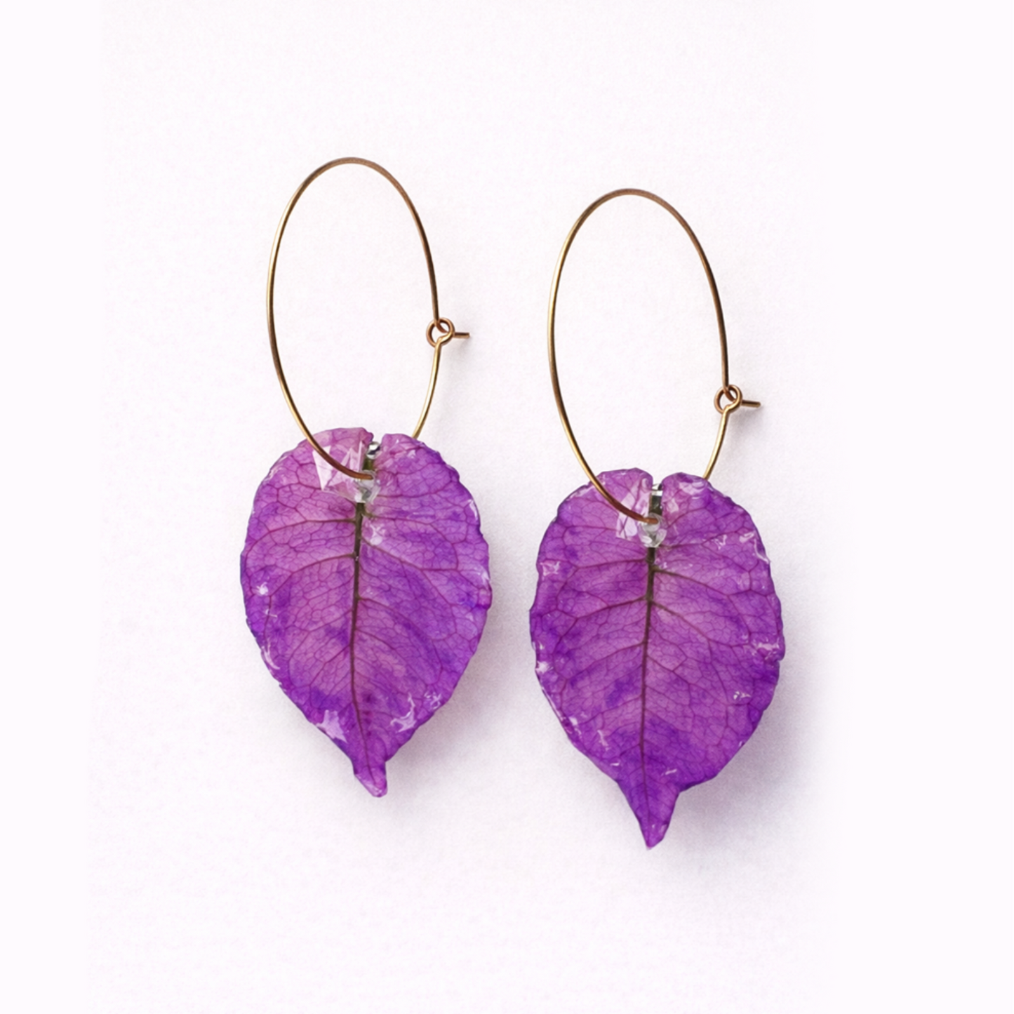 Pink bougainvillea hoop earrings size small with real preserved flower petals on gold round hoops