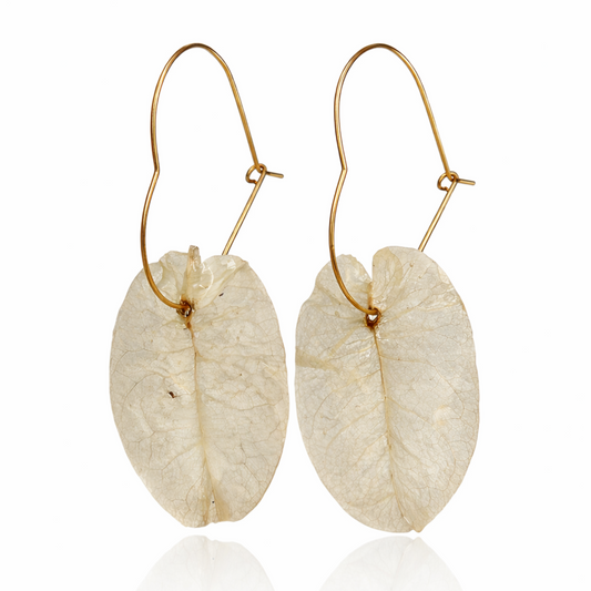 White bougainvillea heart hoop bridal earrings by DEESSA, handcrafted in Ibiza.