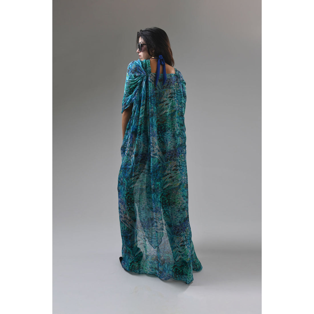 Butterfly Print Silk Drawstring Kaftan Blue