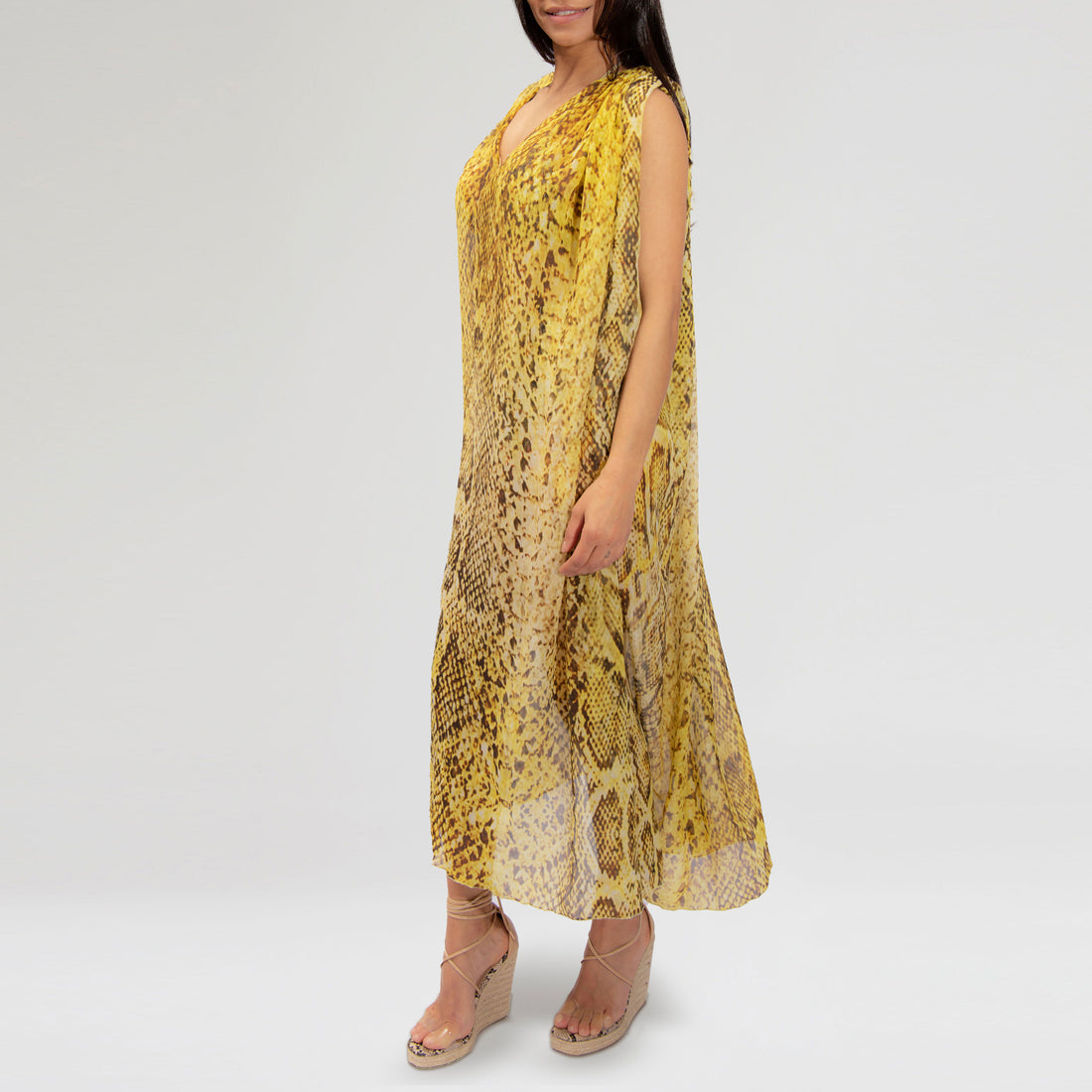 Snake Print Silk Maxi Kaftan Dress Yellow