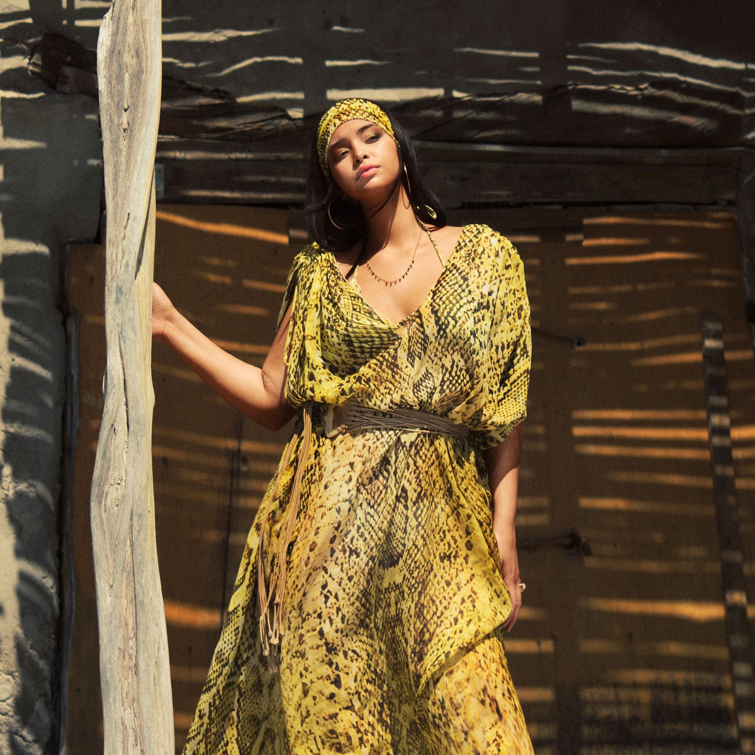 Yellow Snake Print Silk Maxi Kaftan Dress | Luxury Resort Wear Deessa Ibiza Yellow Snake Print Silk Maxi Kaftan Dress | Luxury Resort Wear Deessa Ibiza