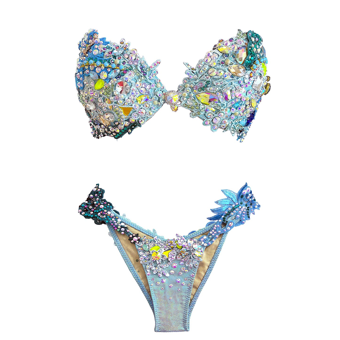 SambaCouture Handcrafted Crystal Floral Bikini – Blue, Green & Gold