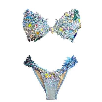 SambaCouture Handcrafted Crystal Floral Bikini – Blue, Green & Gold