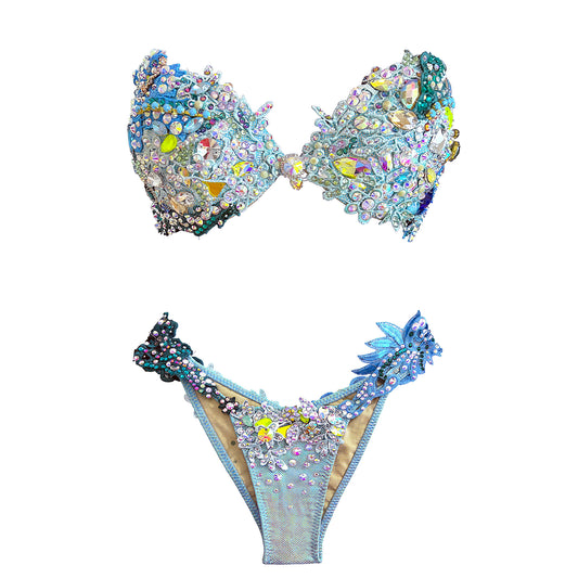 SambaCouture Handcrafted Crystal Floral Bikini – Blue, Green & Gold