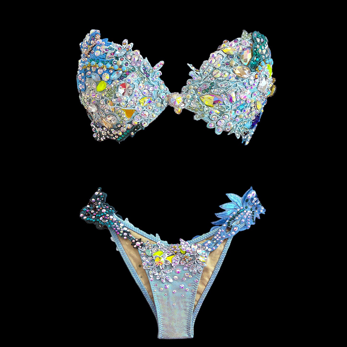 SambaCouture Handcrafted Crystal Floral Bikini – Blue, Green & Gold