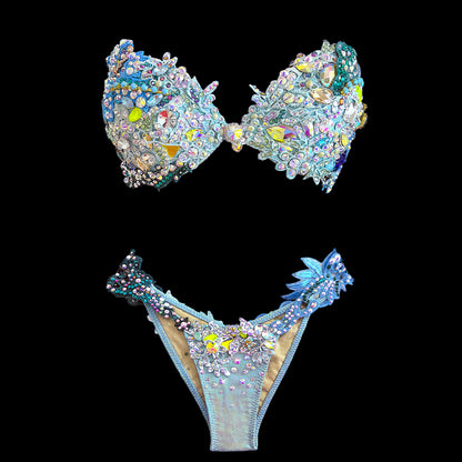 SambaCouture Handcrafted Crystal Floral Bikini – Blue, Green & Gold