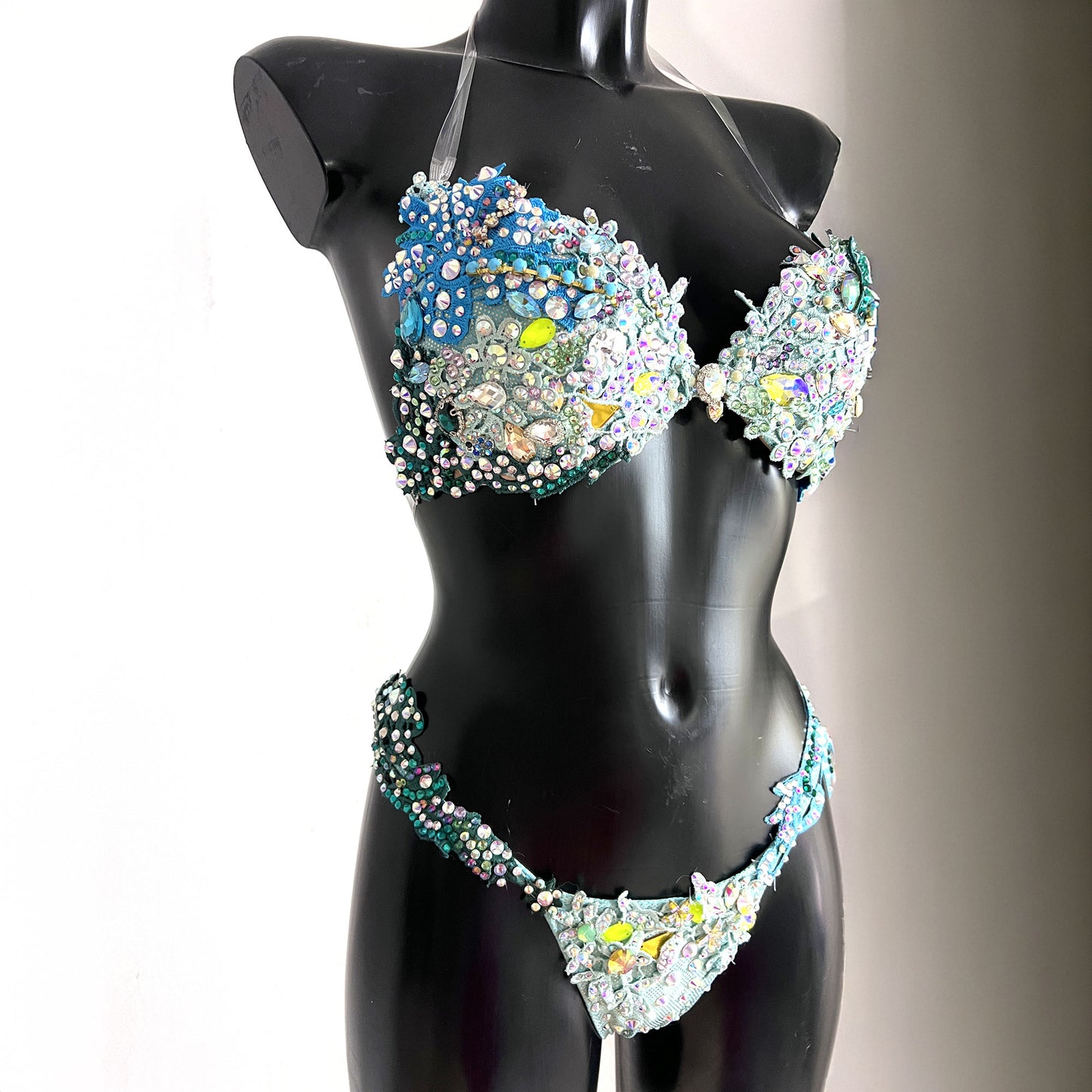 SambaCouture Handcrafted Crystal Floral Bikini – Blue, Green & Gold