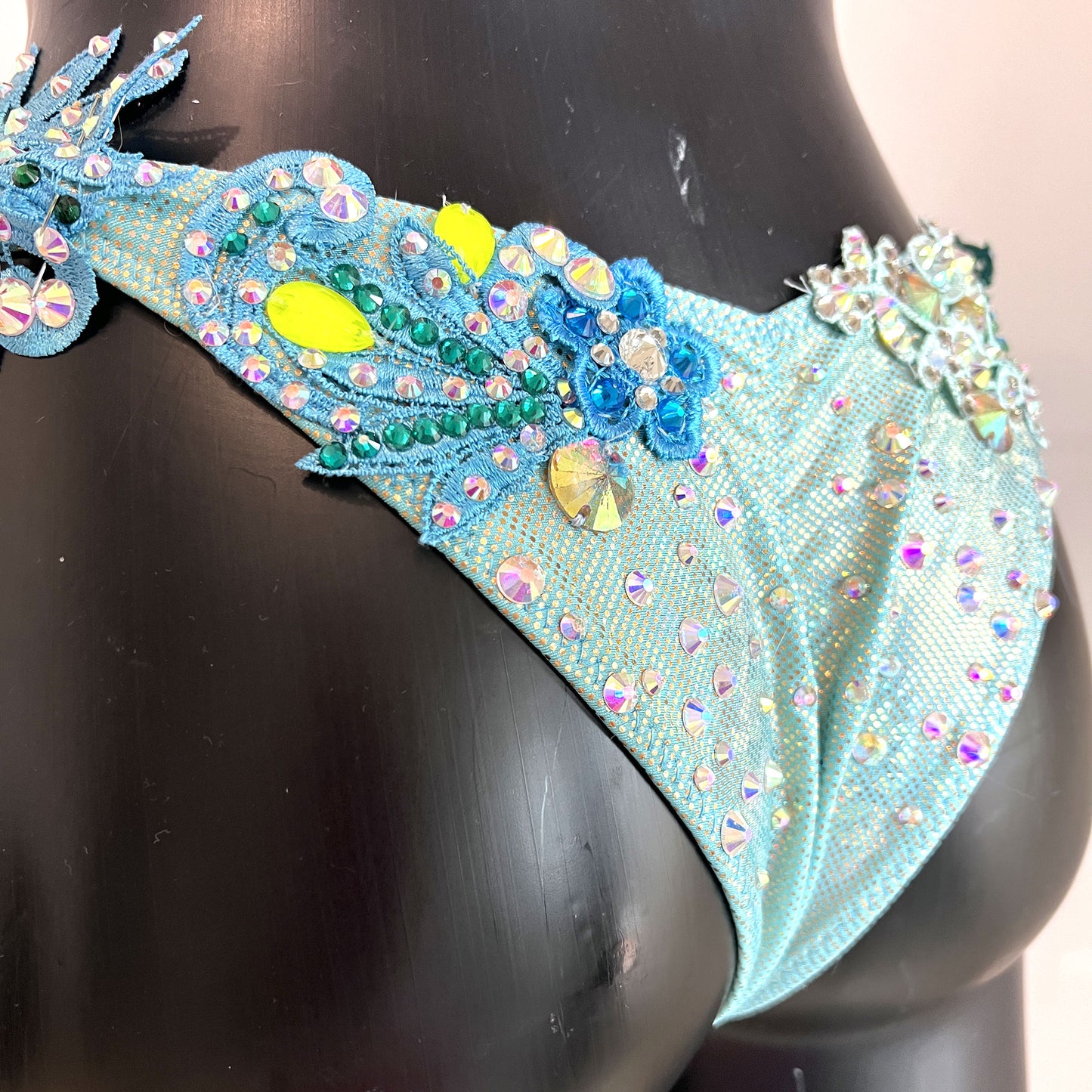 SambaCouture Handcrafted Crystal Floral Bikini – Blue, Green & Gold