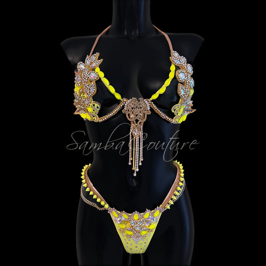 Samba Couture Neon Yellow & Gold Crystal Competition Bikini
