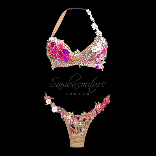Samba Couture Neon Rose Gold Pink Crystal Bikini Competition Posing Suit