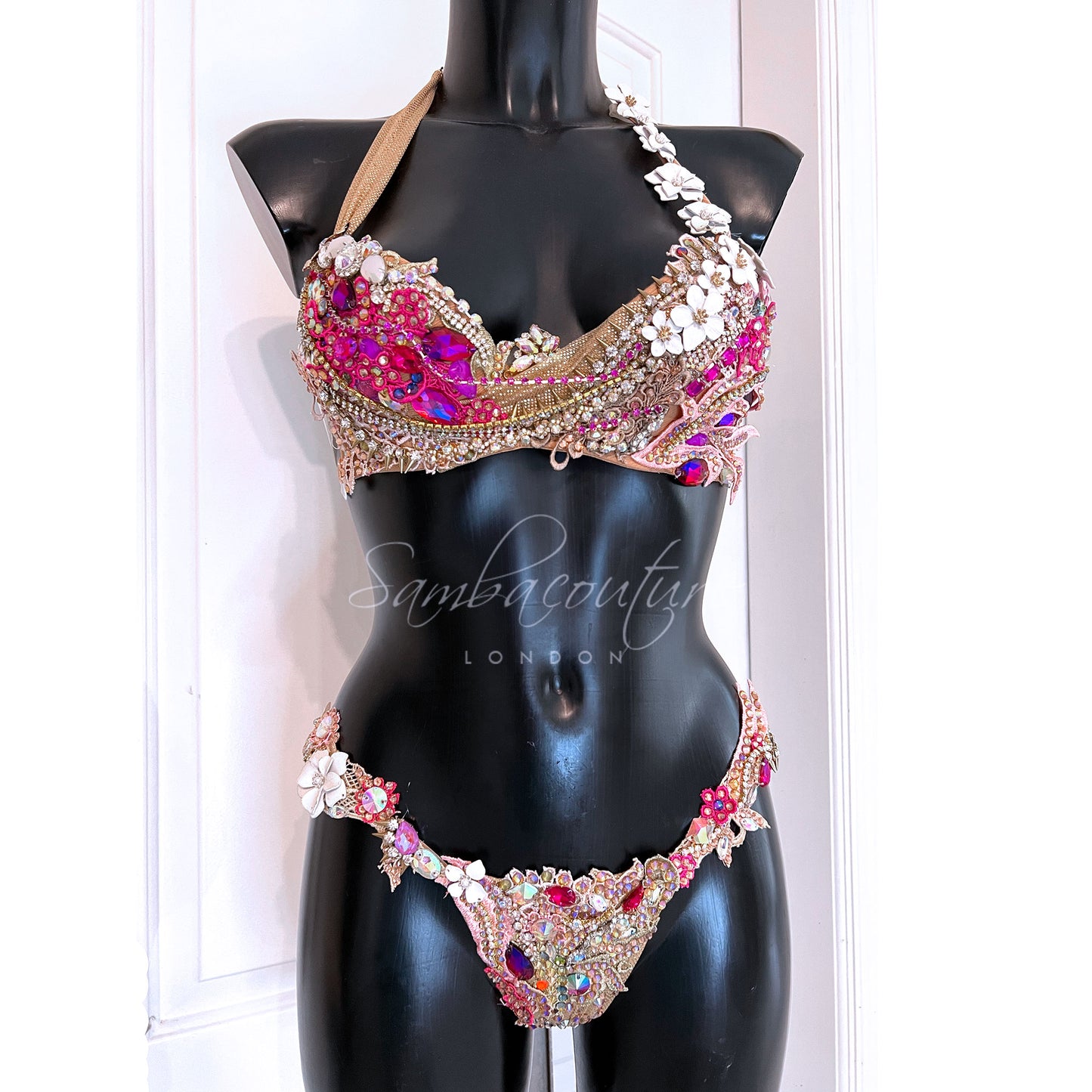 Samba Couture Neon Rose Gold Pink Crystal Bikini Competition Posing Suit