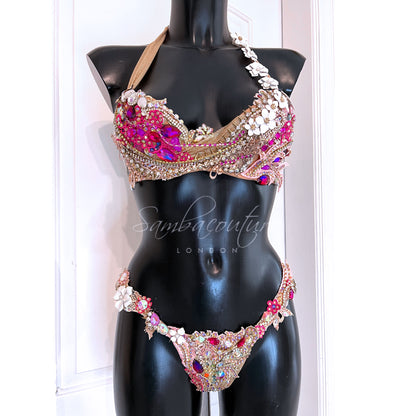 Samba Couture Neon Rose Gold Pink Crystal Bikini Competition Posing Suit
