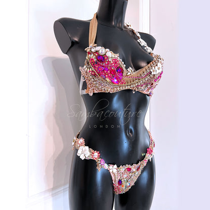 Samba Couture Neon Rose Gold Pink Crystal Bikini Competition Posing Suit