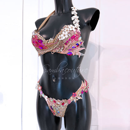Samba Couture Neon Rose Gold Pink Crystal Bikini Competition Posing Suit
