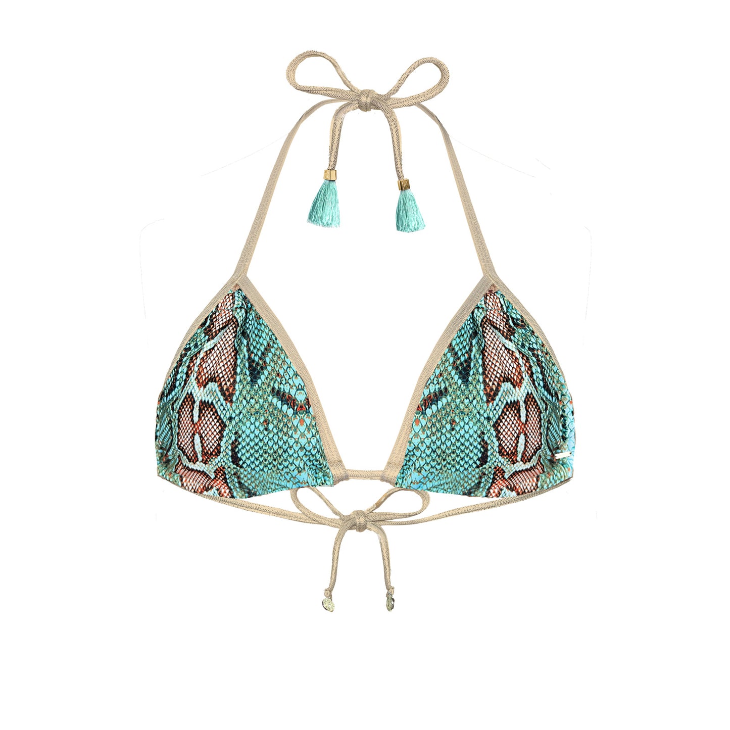 DEESSA turquoise snake print Brazilian bikini top with gold trim handmade in Ibiza