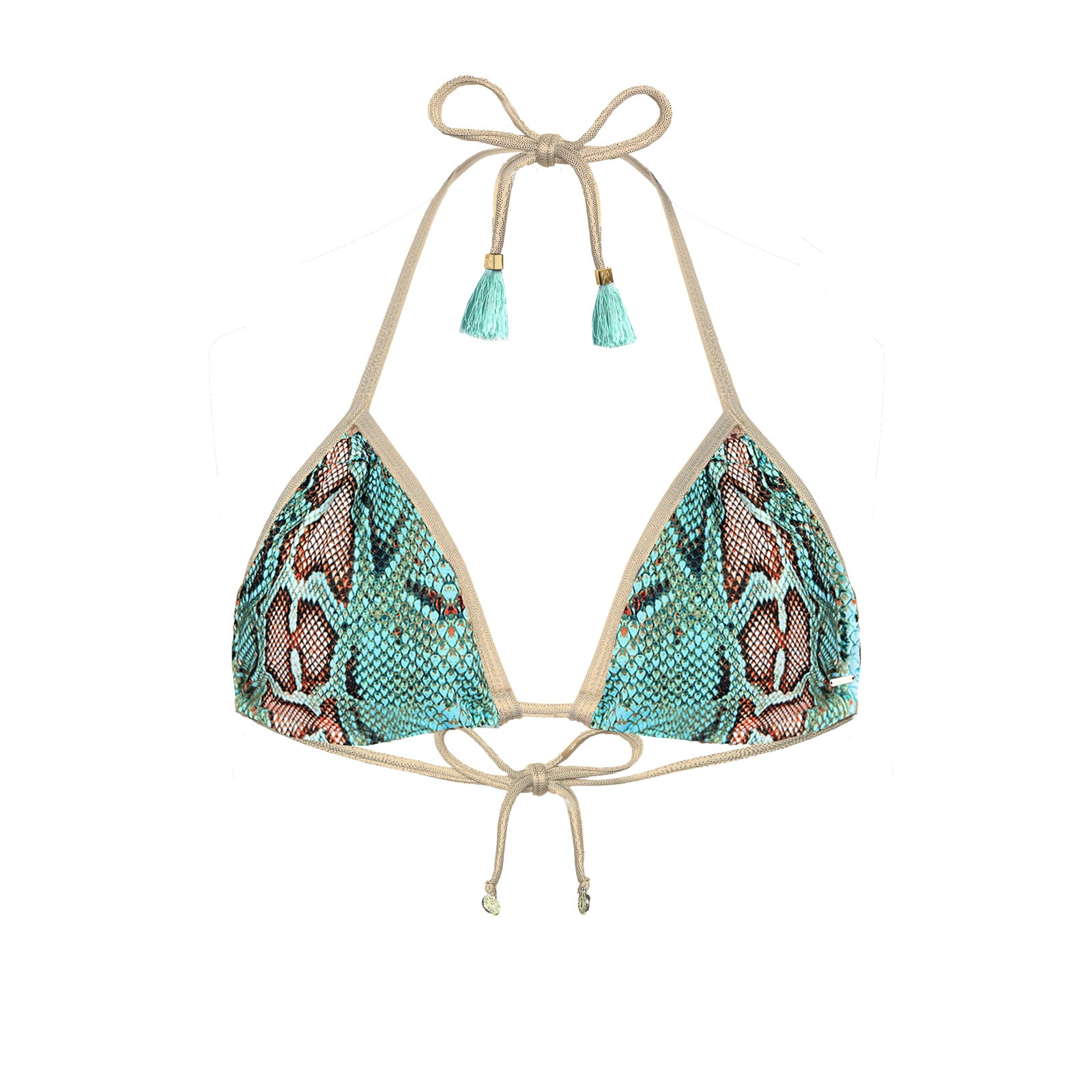 DEESSA turquoise snake print Brazilian bikini top with gold trim handmade in Ibiza