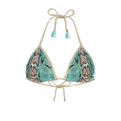 DEESSA turquoise snake print Brazilian bikini top with gold trim handmade in Ibiza
