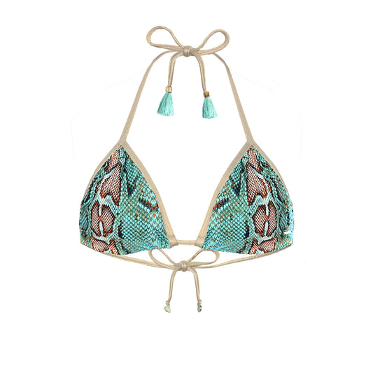 DEESSA turquoise snake print Brazilian bikini top with gold trim handmade in Ibiza