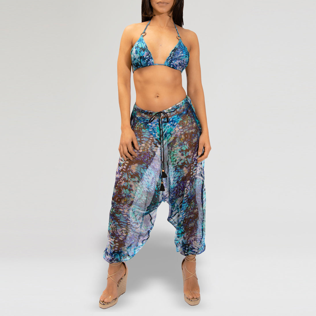 Blue Butterfly Print Silk Harem Trouser