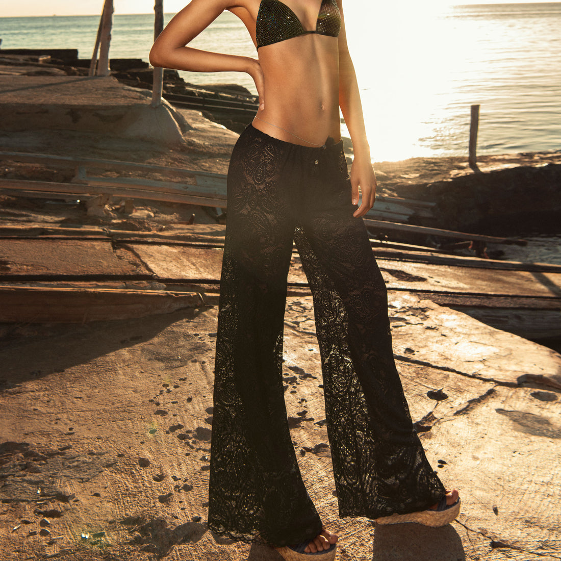 Black Lace Wide Leg Trouser Pants With A Paisley Motif